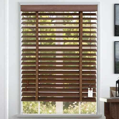 Persiana Veneciana de Madera, Cortinas Venecianas De Privacidad 40 65 70 80 90 100 140 170cm, Persianas Horizontales De Interior con Lamas 50mm para Cocina/Oficina/baño(Marrón Moca)