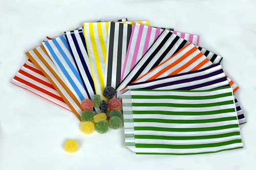 Be Smart Candy Striped Paper Bags for Parties Weddings Gifts 100 Count | 100 bags, 25 each of 4 colours, fold closure, paper material, suitable for parties, weddings, gift shops, retail stores