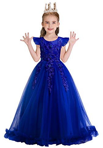 MYRISAM Girl's Embroidery Tulle Lace Maxi Flower Girl Wedding Dress Princess Birthday Pageant Communion Graduation Dance Evening Party Tulle Gown Royal Blue 8-9T