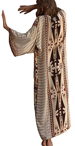 YouKD Kimono bohemio de manga larga, cárdigan de playa para cubrir el traje de baño, vestido largo para mujer, C Beige, Taille unique