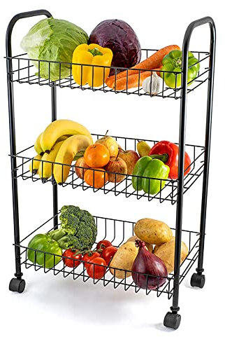 Vivo Technologies 3 Tier Fruit Vegetable Trolley Basket Rack Kitchen Storage with Wheels, Storage Rack with Organizer Baskets for Fruits, Vegetables, books, tools Storage, Black