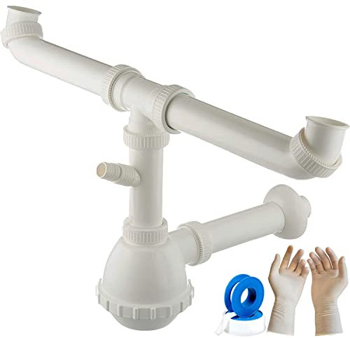 Parpyon® Sifone Lavello Cucina 2 Vasche Lavabo Bagno Tubo scarico lavandino Antiodore, Flessibile Rubinetto miscelatore Prolunga tubo filettato + nastro e guarnizione (Sifone Cucina 2V 1-1/2)