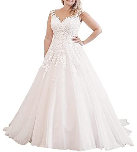 HEULORIA Robe mariée bohème Longue Col V Perles Dentelle Grande Traine Robe de Mariage AL-VN-0555 (as4, Numeric, Numeric_44, Regular, Regular, White)