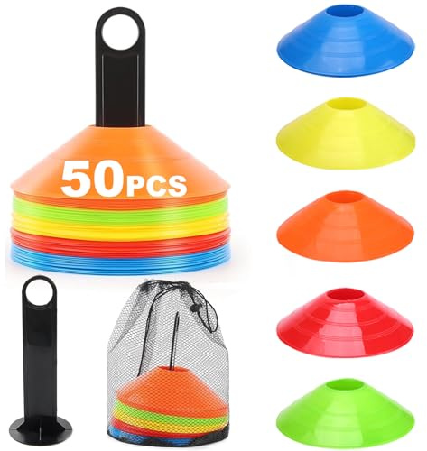 niuniaj Juego de Conos de Fútbol, 50 Piezas Conos De Disco para Entrenamiento con Soporte de Almacenamiento, Bolsillos de Malla, Conos de Marcado para Entrenamiento de Fútbol y Marcado de Canchas
