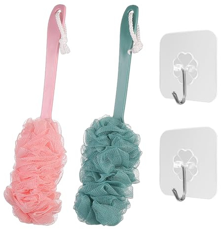 2 unidades de limpiador corporal, 2 ganchos, accesorios de baño, esponja de ducha, cepillo de ducha con mango largo, cepillo de ducha, cepillo de ducha para la espalda, exfoliante corporal