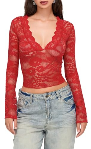Loalirando Crop Top con Mangas Largas con Escote en V Transparente para Mujer, Top de Encaje Floral, Camiseta Sexy, Slim Fit, Top Elegante para la Noche, T-Shirt de Club, Casual y Elegante, rojo, S