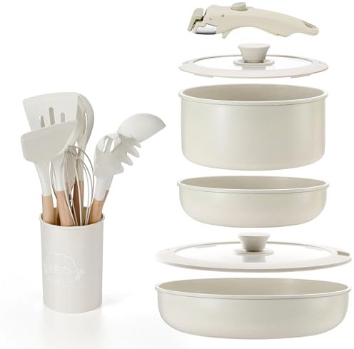 IPOW Set di pentole e padelle antiaderenti, set da 15 pezzi con padelle e casseruola, manico staccabile e set di utensili da cucina, sicuro in forno, salvaspazio