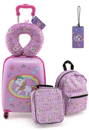SOARS Set di 5 Pezzi Valigia 16’’ + Zaino 13’’ per Bambini, Bagagli 5-in-1 con Cuscino per Collo, Borsetta da Pranzo e Etichetta, Trolley con Maniglia Telescopica e Ruote Universali (Rosa Unicorno)