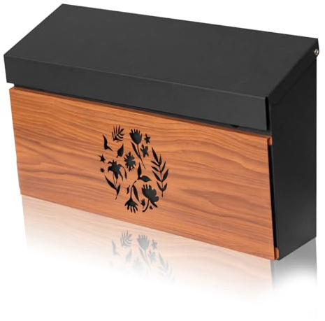 Ydocabinit Wall Mount Mailbox, Large Capacity Mailbox for House Outside, Galvanized Steel Rust-Proof Metal Post Drop Box, 15.74×9.84×4.33 Flower Hollowed Wooden Patterned Metal Sheet