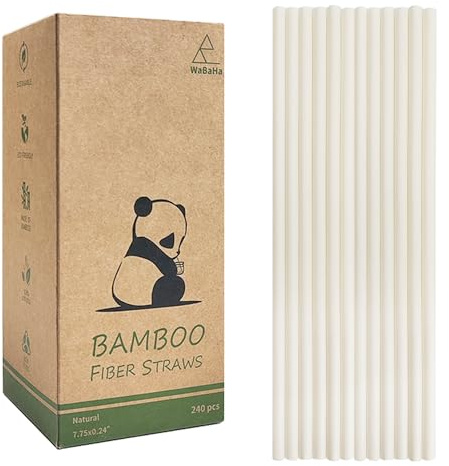Biodegradable Bamboo Fiber Drinking Straws 6X197mm, 240 Pack Disposable Compostable Drinking Straw, 100% Nature Bamboo Straws Instead of Plastic and Paper Straws