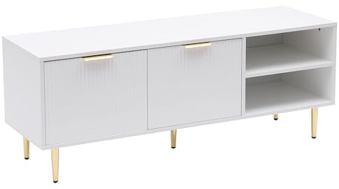 MMT TV Stand Cabinet with Fluted Ribbed Gloss Doors and Gold Legs, 130cm TV Unit for Up to 65-Inch TVs, Available in White or Black (White)
