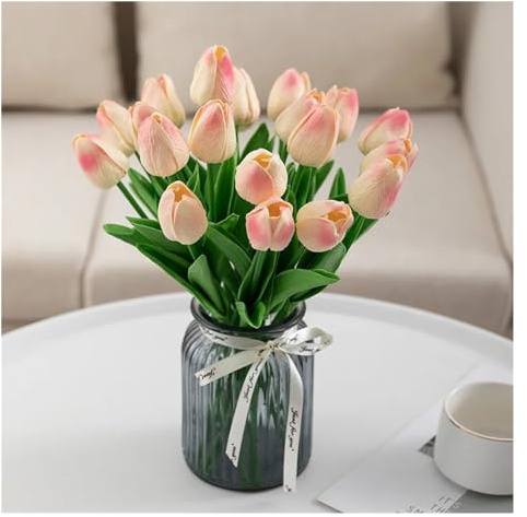 Artificial Tulips Flower 5/10PCS Tulip Artificial Flower Real Touch Artificial Bouquet PE Fake Flower for Wedding Decoration Flowers Home Garden Decor For Home Wedding Office Decoration(Champagne powd