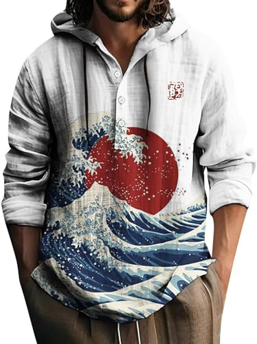 Camicia di Lino Uomo Estiva Elegante Camicie Cotone con Cappuccio Bianca Slim Fit Camicia Ufficio Coreana No Stiro Bluse Fantasia Hawaiana Comode Camicia Mare per Spiaggia Vacanze