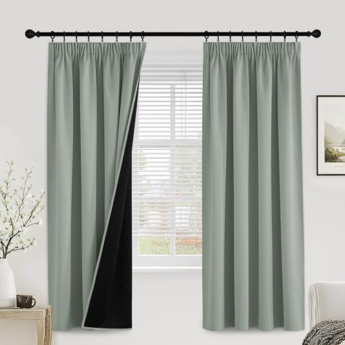 PONY DANCE 100% Blackout Curtains for Kids Bedroom - Rod Pocket Thermal Insulated Drapes, Pencil Pleat Full Blackout Curtains with Black Liner 2 Panels for Living Room, 52 x 72 Inch, Sage Green