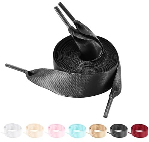 NDTEZUGT 2 Pare de Cordones de Cinta para Zapatillas, 2cm para Zapatos Casuales de Mujerde Ancho Saten Plano Suave de Repuesto (Negro, 63/160cm)