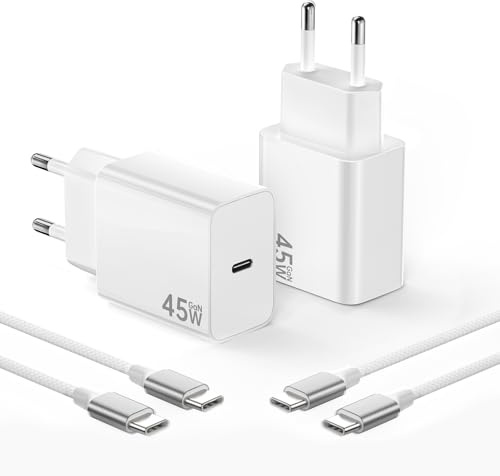 45W USB-C-laddare, snabbladdare för Samsang Galaxy S25/S24/S23/S22 Ultra/Note 20/10/S10/S9/S8/A56, PPS supersnabb laddning för Phone 17/16/16 Pro/15/15 Pro Max med USB-C laddningskabel 2M, 2-pack, vit