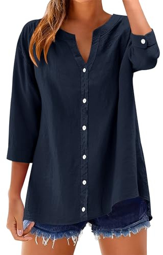 Rapbin Women White Button Shirt Dressy Casual Work Tops Cotton Linen Blouse Summer Short Sleeve Shirts Long Tops wear with Leggings(Navy Blue,M)