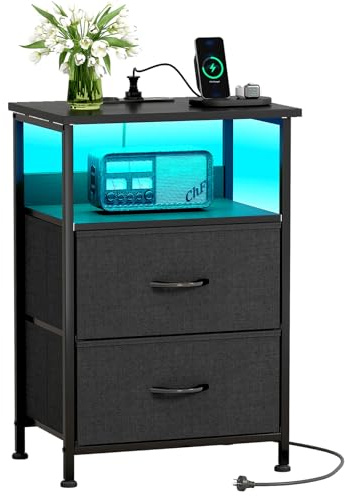 CAIYUN Nachttisch mit LED & Ladefunktion, Beistelltisch mit Schublade, Nachttische mit 2 AC-Anschlüsse & 2 USB C Anschlüssen, Beistelltische fürs Wohnzimmer, Schlafzimmer (Schwarz)