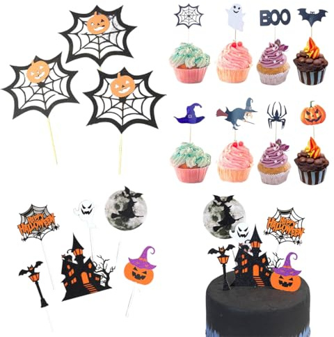 AYVRUOP 57 Piezas Decoracion Tarta Halloween Fiesta,decoraciones envoltura magdalenas halloween,decoración para tartas y cupcakes de halloween,Halloween Cake Toppers para Fiesta de Halloween