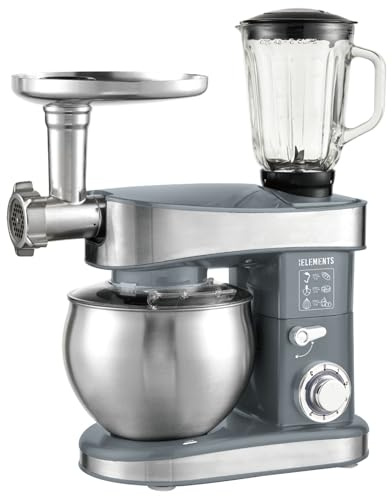 KB ELEMENTS 3-i-1 matberedare – multifunktionell matberedare – knådningsmaskin – 7,5 liter 2 000 W – med köttkvarn, med pastaset, 1,5 l mixer (grå)