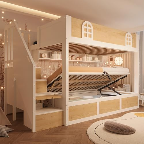 Twin Over Twin Bunk Bed for Adults Kids, Twin Sleeper 3ft Single Wooden Cabin Bed Frame with Hydraulic Lift & Storage Stairs & Bookcase, Solid Wood Family Loft Bed with Guard Rails, White & Natural