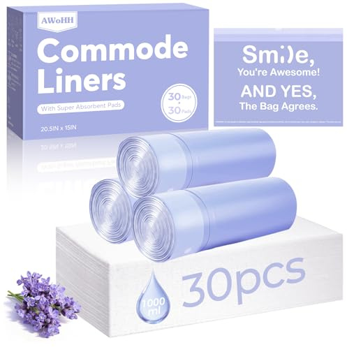 AWoHH 30 Pcs Bedside Commode Liners Bags with Absorbent Pads, Leak-Proof | Lavender Scent, Drawstring Seal, Absorbs 1000 ml, Odour-Free, Fits Commode Chairs, Elderly Care, Travel, Camping