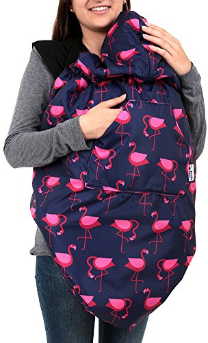 BundleBean - Babywearing All-Weather Waterproof Sling and Baby Carrier Cover (Navy Flamingo) - Rain Cover with Fleece Lining, Universal Fit, Fits Front & Back Carriers, Protection from Rain & Wind