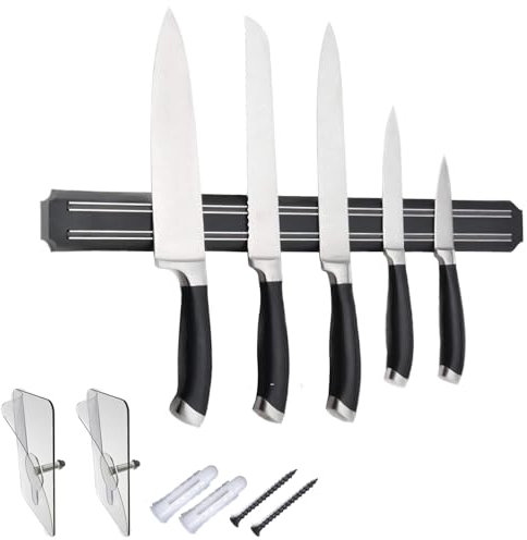 Magnetic Knife Holder for Wall - 15 Inch No Drill Knife Bar with Strong Double Row Magnets, Eco-Friendly & Waterproof Plastic, Holds Knives & Kitchen Tools Securely, Easy Peel & Stick Installation