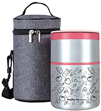 Lille Home Termo térmico de 950 ml, aislado al vacío, apilable, de acero inoxidable, caja térmica para almuerzo/aperitivos, contenedor de 2 niveles con bolsa de almuerzo (rosa)
