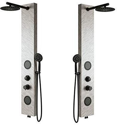 PANNELLO DOCCIA IN ACCIAIO INOX EFFETTO PIETRA, PARTICOLARI RUBINETTERIA NERO OPACO MISCELATORE A 3 FUNZIONI, COMPLETO