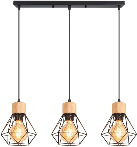 TOKIUS 3 Luces Lámpara Colgante Vintage 16CM Retro Lámparas de Techo Diseño de Jaula Negro Luz Colgante en Madera Hierro E27 Iluminación de Techo de Interior para Comedor Cocina (Araña 3 Luces B)