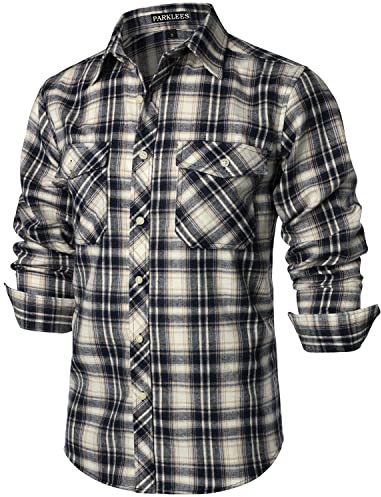 PARKLEES Men's Casual Flannel Checked Plaid Shirt Shirt Khaki M