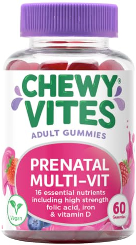 Chewy Vites Women's Prenatal Multivitamin Gummies, 60 Count | 16 Essential Nutrients with Folic Acid, Iron and Vitamin D, Vegan, Berry Flavour, 1 Month Supply, Packaging May Vary