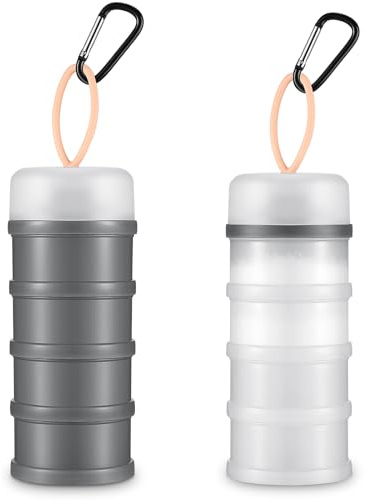 Baderke 2 Pcs Protein Powder Container with Funnels Stand, 4 Stackable Leakproof Protein Powder Dispenser, Portable Keychain Powder Container for Workout, Fitness, Travel(Gray, White)