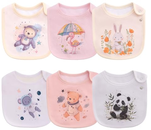 Maiwamita 6 bavaglini impermeabili in cotone per neonati bambine e bambini per sbavare e mangiare con bottoni automatici (Multi4)