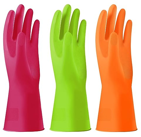 Alimat PluS 3 Pairs Rubber Gloves Without Liner for Household, Small | Reusable Washing up Gloves, Waterproof Kitchen Gloves for Laundry, Gardening