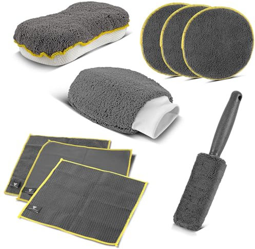 STAHLWERK Autoreinigungs-Set 9-teiliges Autopflege-Set | Aufbereitungs-Set | Autowasch-Set | Detailing-Set mit Mikrofaser-Tüchern, Felgenbürste, Waschhandschuh, Schwamm und Applikator-Pads