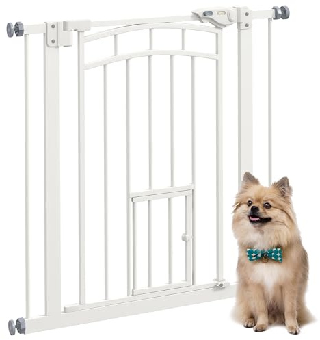 PawHut Barrière de sécurité Chien, barrière d'escalier à Fixation par Pression sans percer, Porte Fermeture Automatique, système de Double Verrouillage, 74 à 80 cm, Acier, Blanc
