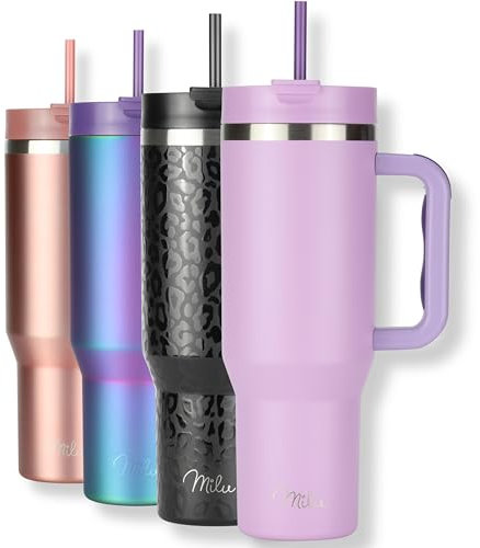 Milu Thermobecher 1200ml mit Strohhalm und Henkel – 48h Eis/24h kalt/12h heiß Edelstahl Tumbler 40oz mit Griff - Isolierbecher to go - Isolierflasche Trinkflasche doppelwandig isoliert (Lilac, 1200ml)