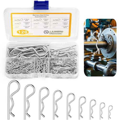 MirraSwit 120 Stück Splinte Sortiment, R Clips Set, Federsplinte Federstecker Sortiment, 9 Größen Verzinkte Sicherungssplinte, Haltefederkupplung Splinte für Schlepper, Rasenmäher, Autos (1-4mm)