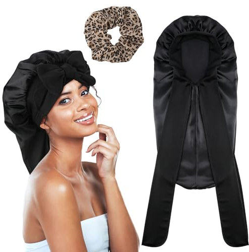Halinuia Bonnet Satin Cheveux Nuit Long pour Femme | Bonnet Soyeux de Sommeil Réglable pour Fille avec Scrunchies pour Dormir | pour Cheveux Longs et Bouclés