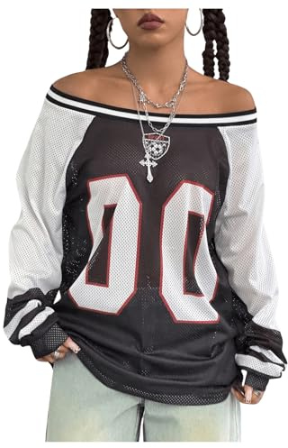 SHENHE Women's Oversized Graphic Jersey Shirt Y2k Off Shoulder Long Sleeve Top Streetwear Black X-Large