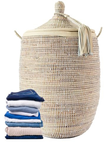 Lafali Afrikanischer Wäschekorb mit Deckel | Geflochtener Korb Mbour | Handgefertigt aus Savannengras und Kunstleder | Nachhaltig & Verantwortungsvoll produziert | Vielseitig einsetzbar