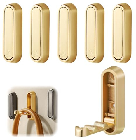 YELKOEYN 6 Pcs Foldable Wall Hook - Folding Coat Hooks, Sturdy Zinc Alloy, Space Saving Foldable Design, Home Organizing Gems, Wide Hanging Surface for Bathroom Kitchen Entryway (Gold)