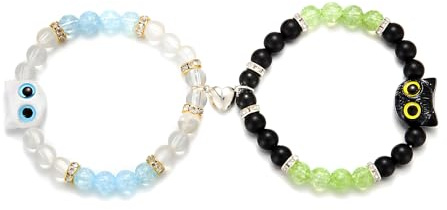 FrostyFlair Bracelets d'Amitié, 2 pièces Bracelets d'Amitié Perles de Chat, Bracelets d'Amitié Cœur Noir et Blanc, Bracelets d'Amitié Enfants, Bracelet Couple