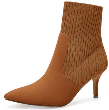 Coutgo Women's Pointed Toe Ankle Boots Stiletto Kitten Heel Knit Faux Suede Winter Sock Booties