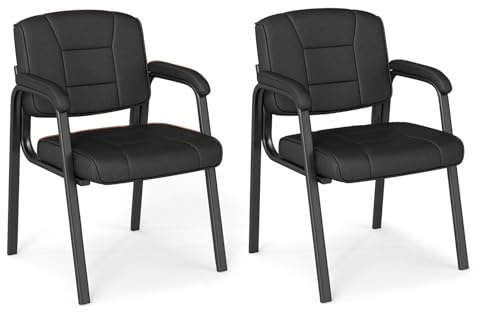 COSTWAY Lot de 2 Chaise de Bureau Chaises d'Invités, Chaise de Salle d'Attente avec Structure en Métal et Accoudoirs Rembourrés, Fauteuil de Réception en Similicuir, pour Réunions, Invités (Noir)