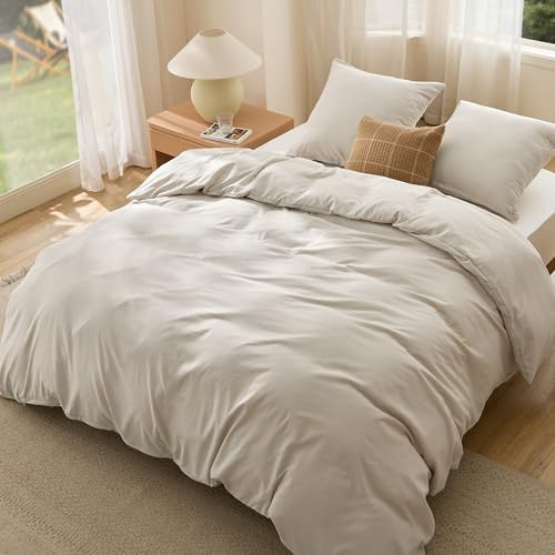 BEDSURE Sängkläder 240x220 linne set 3 delar - 1 påslakan 240x220 cm + 2 örngott 65x65 cm mikrofiber beige polyester sängkläder set med dragkedja OEKO-TEX