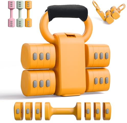 2-in-1 Set di Manubri & Kettlebell Regolabili, 4 Livelli Cambio Rapido (2.2 3.3 4.4 5.5 lbs), per l'Allenamento in Palestra Domestica Femminile, con Chiusura a Strappo Antiscivolo in Omaggio, Giallo.