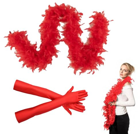 EUYKQNOI 1 PCS Écharpe en plumes rouge avec 1 paire de gants rouge en élasthanne de 53 cm, deguisement bresil femme，adaptée aux costumes d'Halloween,Carnaval,aux fêtes, aux femmes et aux filles